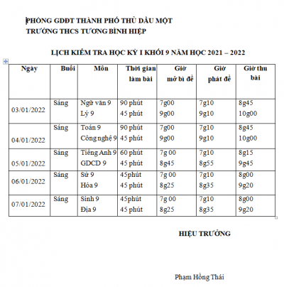 LỊCH KIỂM TRA HỌC KỲ I KHỐI 9 NĂM HỌC 2021 – 2022