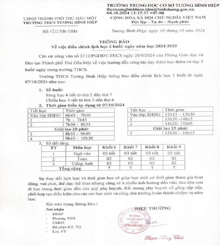 Thông Báo Về Việc Điều Chỉnh Lịch Học 2 Buổi/Ngày Năm Học 2024- 2025