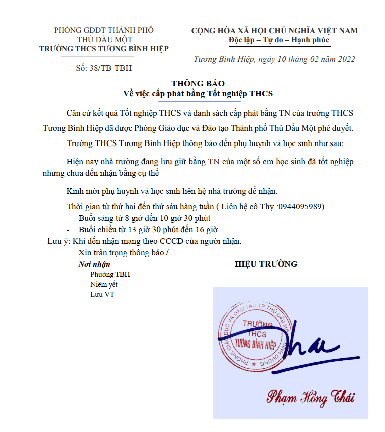 Thông báo về việc phát bằng Tốt nghiệp năm 2022